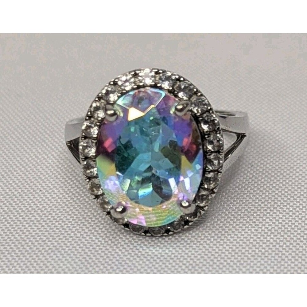 Sterling Silver Mystic Quartz & Zircon Cocktail Ring  Size 9.75